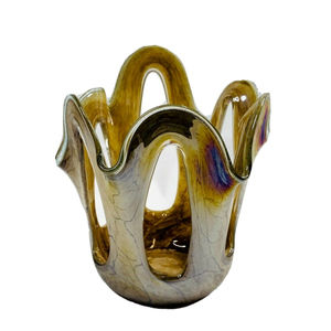 Vtg Makora Krosno Hand Blown Open Scalloped Edges Iridescent Glass Vase Poland